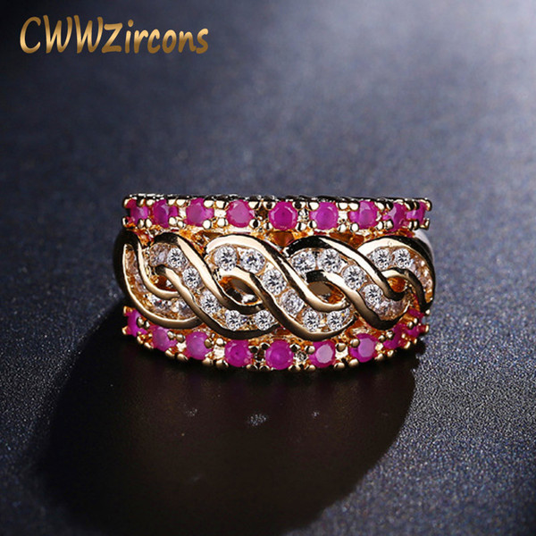 CWWZircons Brand Luxury Women Wedding Bands Jewelry Light Yellow Gold Color Red CZ Gems Ring R043