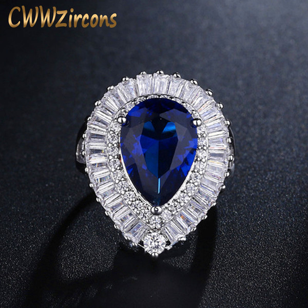 CWWZircons Adjustable Size Fashion Women Wedding Rings High Quality Pear Shape Dark Blue Crystal Ring With CZ Stones R097