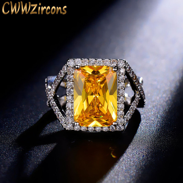 CWWZircons Elegant Princess Cut Solitaire Female Big Yellow Crystal Wedding Band Jewelry Ring With Cubic Zirconia Stones R019