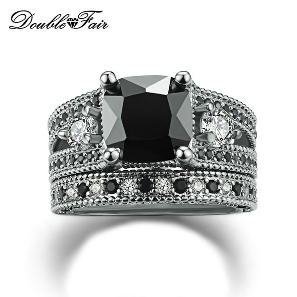 Top Quality Square Cut Black Nano Crystal Rings Sets Cubic Zirconia Silver Color Party Fashion Brand Women Jewelry DFR617