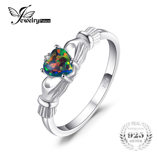 JewelryPalace Black Fire Opal Multicolor Irish Claddagh Rainbow Ring Solid 925 Sterling Silver Love Heart Gemstone Jewelry