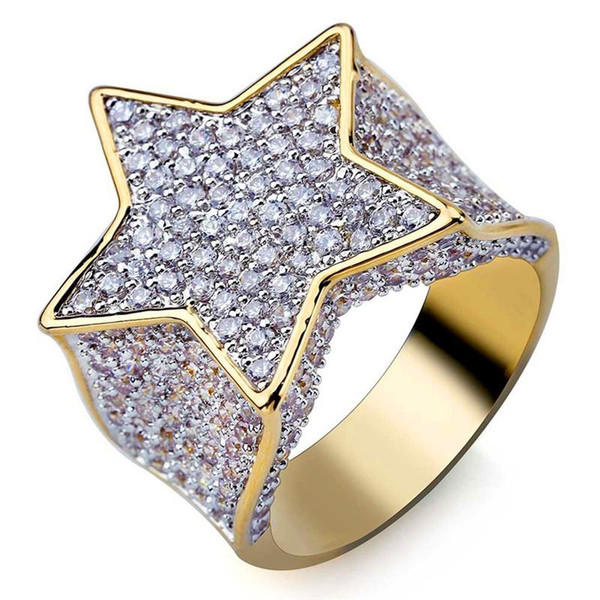 Hot Style Brand Design Men Rings Bling Star Ring Luxury Design Gold Plated Cubic Zirconia Cluster Rings Fashion Hip Hop Jewelry