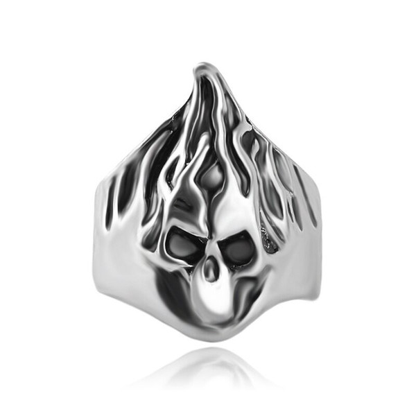 jewelry vintage silver plated alloy high polished men fire blaze flame ring hair Skull ring Big surface Skeleton rings for women 2017 j203