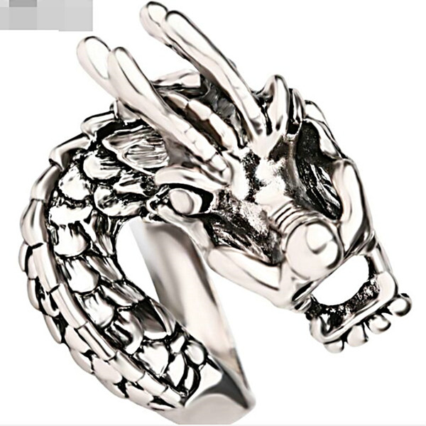 trendy rock punk alloy child Scale Dragonscale ring big huge Surface Wide vivid Lifelike china Chinese Dragon ring metal rings boy men j360