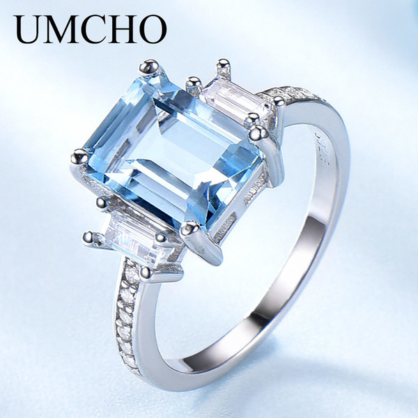 Umcho Blue Topaz Gemstone Rings For Women Genuine 925 Sterling Silver Aquamarine Ring Romantic Wedding Engagement Fine Jewelry Q190416