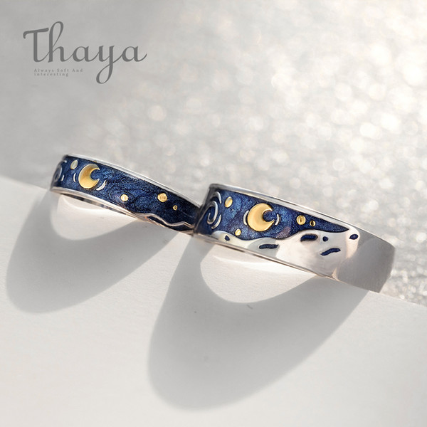 Thaya Van Gogh's Enamel Couple Rings Sky Star Moon S925 Silver Glitter Rings Engagement Ring Wedding Jewelry For Women Q190416