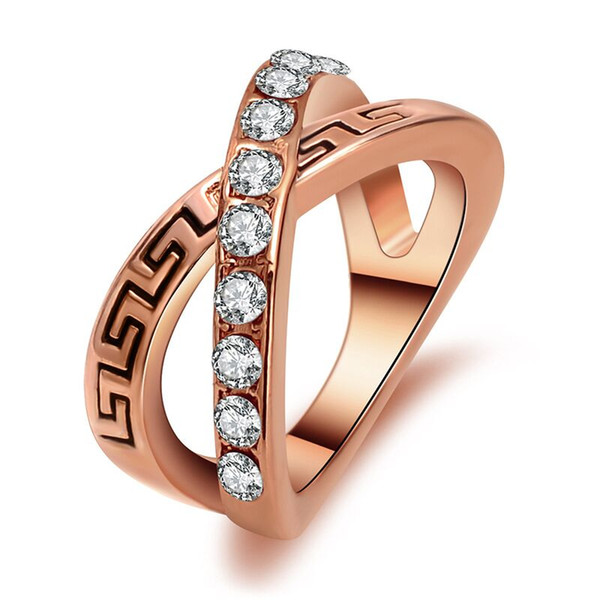 Rose Gold plated trendy engagement wedding Imitation crystal Zircon ring overlapping intersect cross ring Letter X rings for women 2017 j444