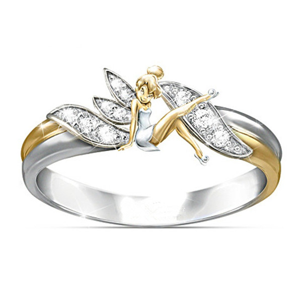 Fantasy Flower Fairy Elf Cubic Zirconia Plating Two-Toned Wedding Ring Jewelry Gift 223