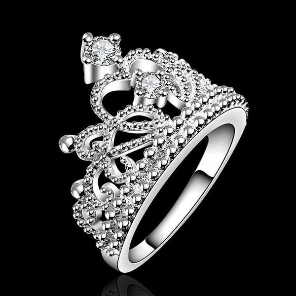 Women 925 Silver Plated Princess Wedding Band Zircon Crown Ring Jewelry