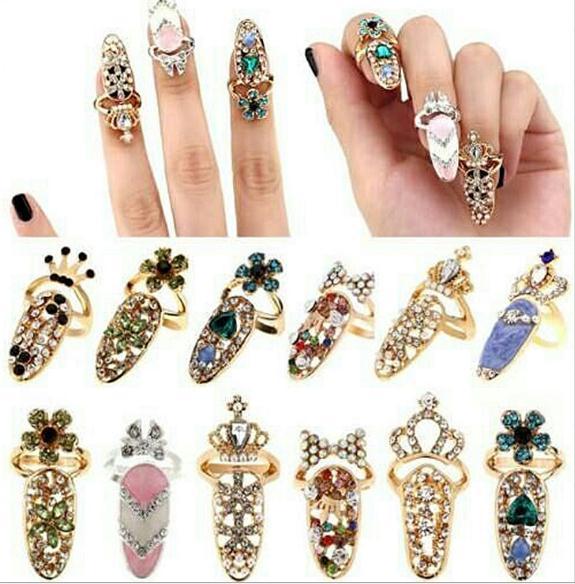 Fashion Rhinestone Cute Bowknot Finger Nail Ring Charm Crown Flower Crystal Female Personality Nail Art Rings