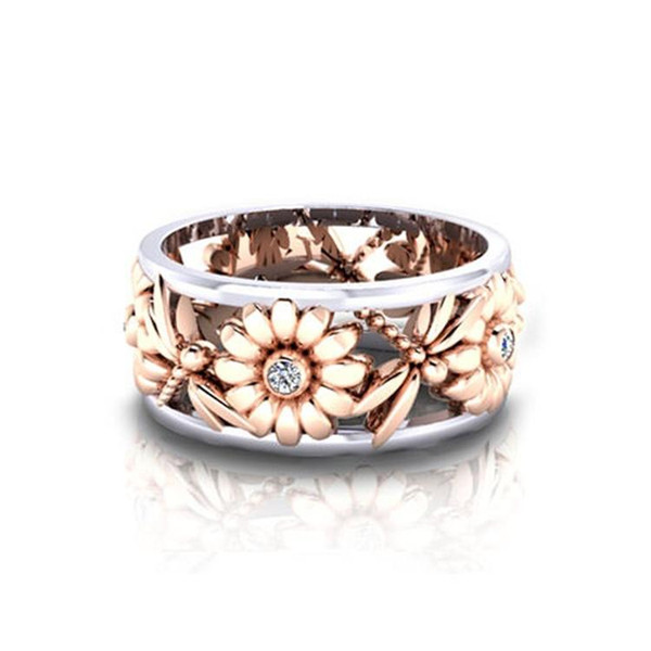 Crystal Flower Ring Rose Gold Dragonfly flower Band Rings for Women Fashion Jewelry Gift Drop Shipping