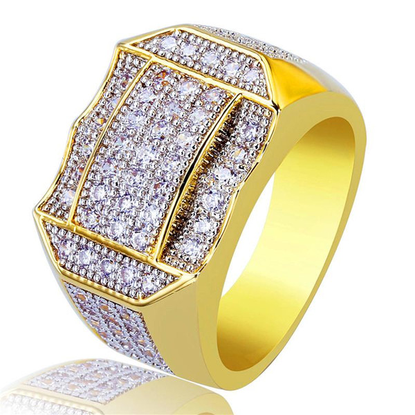 Luxury Design Ice Out Gold Plated Rings Fashion Men Bling Hiphop Jewelry Pop Hip Hop Zircon Ring Lover Gift