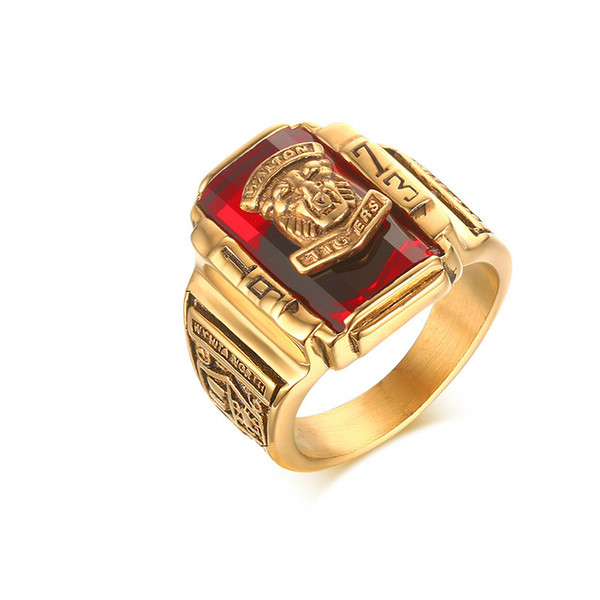 Men's Rock Punk Ring 18K Gold Plated Large Red CZ Stone Ring Jewelry 1973 Lion Head Party Rings For Men RC-303