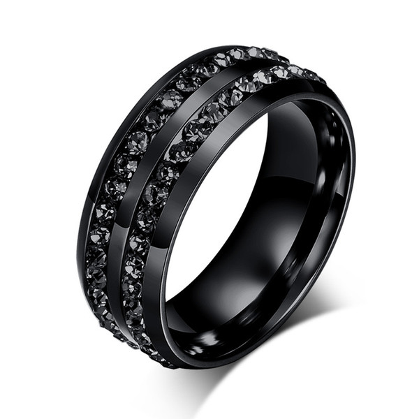 Black Crystal Rings For Women Two Rows Female Rings Trendy Stainless Steel Wedding Jewelry R-006BB