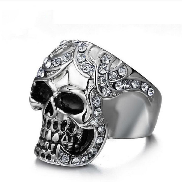 Vintage Simulated Diamond Skull Rings Europe Silver Color Stainless Steel Rings For Men Party Skeleton Ring RC-125