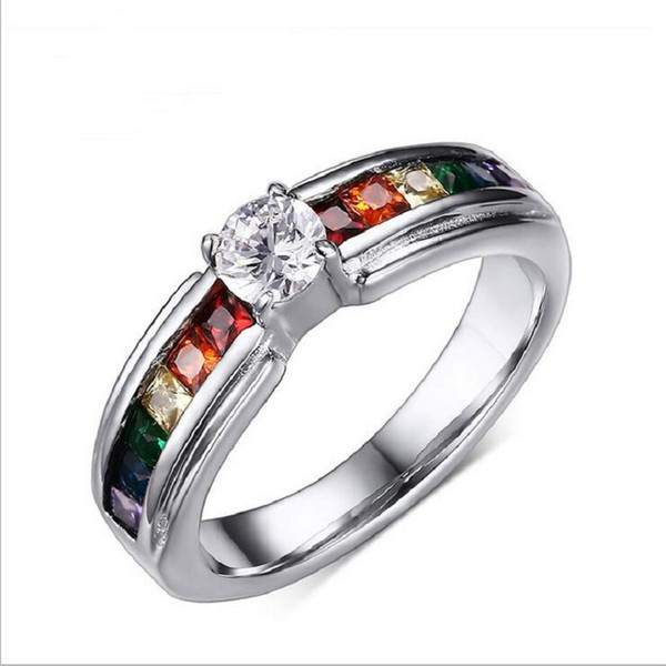 Beautiful Crystal Wedding Rings Rainbow Color Ring With Zircon Austrian Crystal Rainbow Stainless Steel Rings Jewelry PR-008