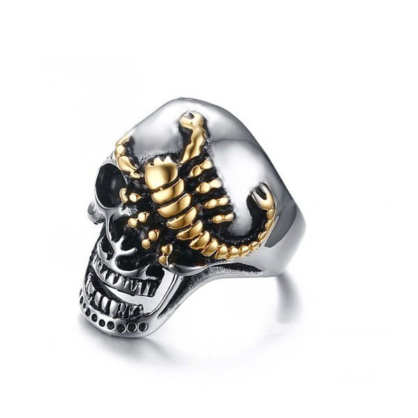 30MM Fashion Men's Stainless Steel Gold Crawling Scorpion Skull Ring Biker Punk Jewelry Size 8-12 RC-278