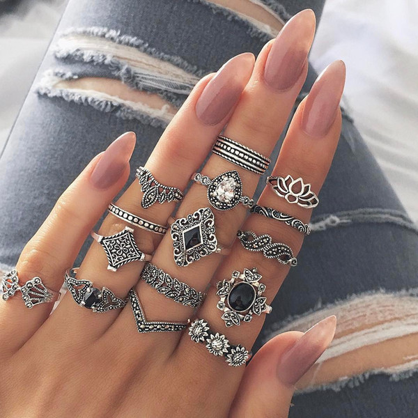 2019 Wholesale Bohemian vintage anemone ladies new style personalized ring 15 pieces silver cluster rings for women jewelry accessory