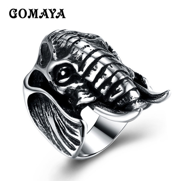 GOMAYA Silver Gold Color Vintage Elephant Ring High Quality Men Women Stainless Steel Punk Animal Rings Male Jewelry Bague Homme GMYR273