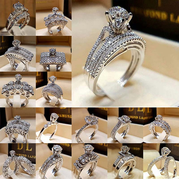 Diamond Crystal Ring Cubic Zirconia Ring Crown Wedding Ring Set Wrap Bride Combination Rings Designer Jewelry Will and Sandy DropShip 080396