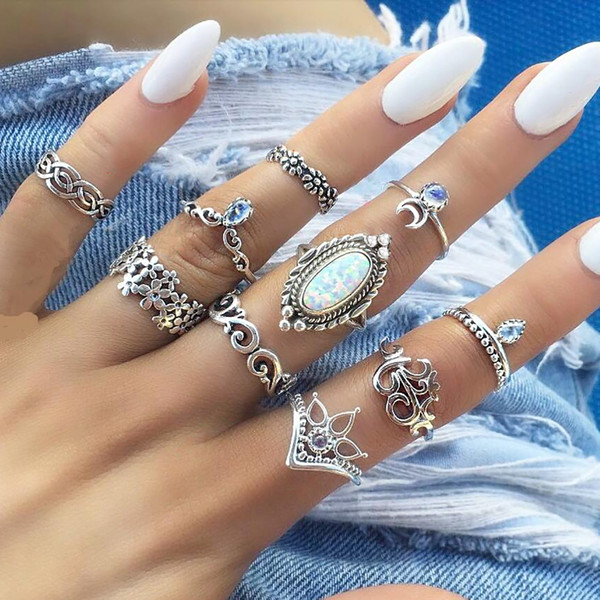 10pcs/set Opal Ring Ancient Silver Flower Crown Moon Ring Set Joint Ring Combination set Women Fashion Jewelry Will and Sandy Drop Ship