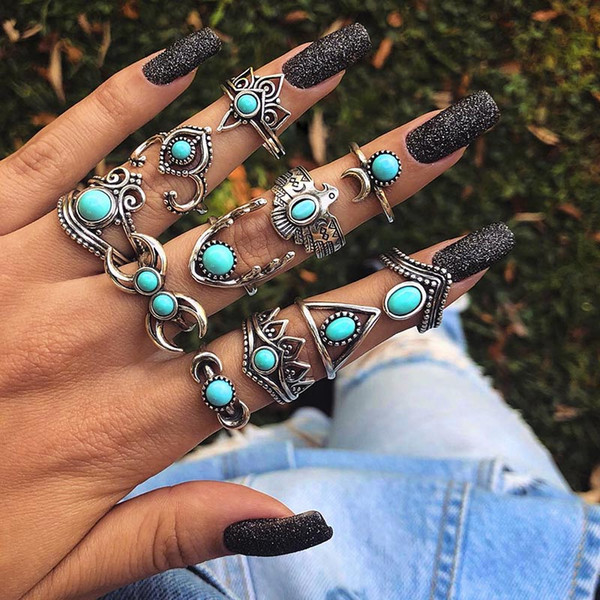 11pcs/set Fashion Bohemia designer Rings Sets For Women Retro Antique Silver Color Turquoises Knuckle Ring Femme drop shipping