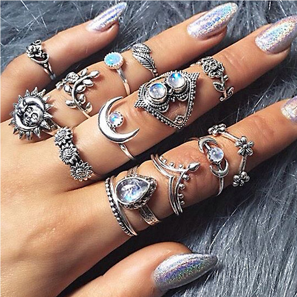 14 pcs/ Set Punk Crystal Moon Flower Leaves designer rings Water Drop Tarot Symbol Irregular Joint Ring Women Charm Silver Ring Set dropship