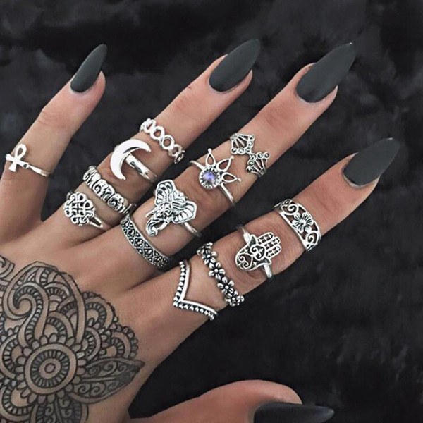 13pcs/Set Bohemia Antique Silver Crown designer ring Flower Unicorn Carved Rings Sets RhineStone Knuckle Rings for Women Jewelry drop ship
