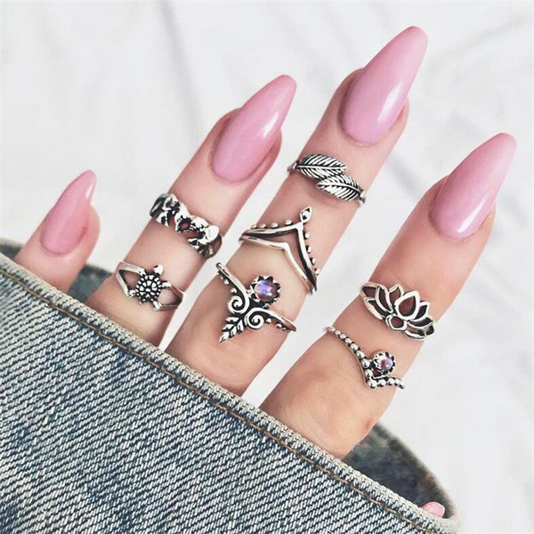 7pcs/set Ancient Silver Ring Set Retro Lotus Turtle Elephant Leaf Ring Joint Rings Crown Rings Women Fashion Jewelry hot sale Drop Ship