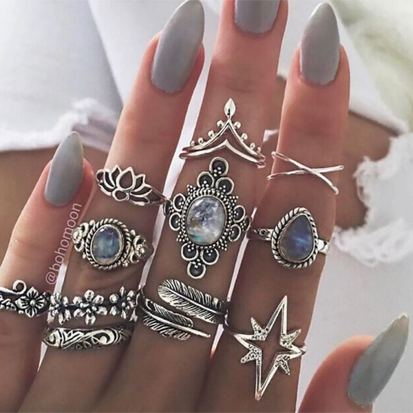 Antique Silver Knuckle Ring Set Crystal Leaf Crown Star Rings Stacking Rings Midi Rings Women Designer Ring Jewelry Will and Sandy 080433