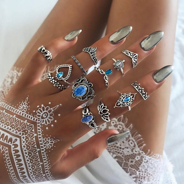 13pcs/set Ancient Silver Knuckle Ring Set Crown Heart Elephant Turtle Stacking Rings Midi Ring Designer Jewelry Women Will and Sandy 080427