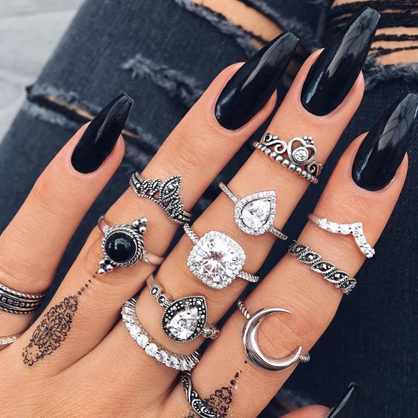 designer rings Boho Crystal Crown Rings Set for Women Vintage Silver Knuckle Rings Wedding Bands Statement Jewelry drop shipping