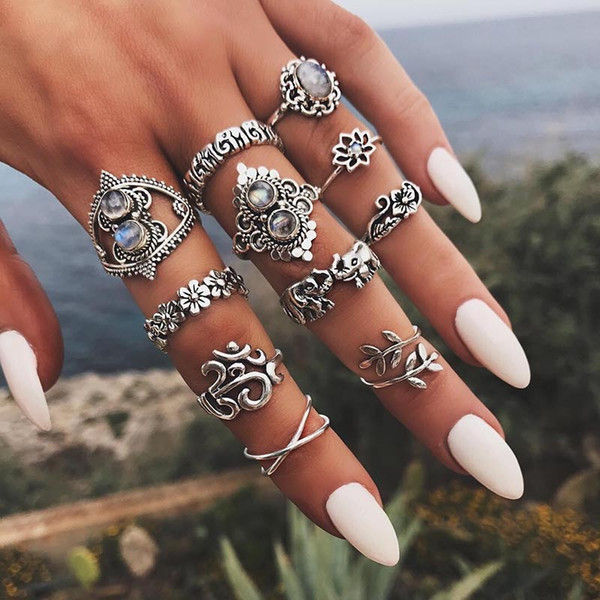 Antique Silver Knuckle Ring Set Elephant Flower Crown Leaf Yoga Stacking Rings Midi Rings Women Designer Ring Jewelry Will and Sandy 080432