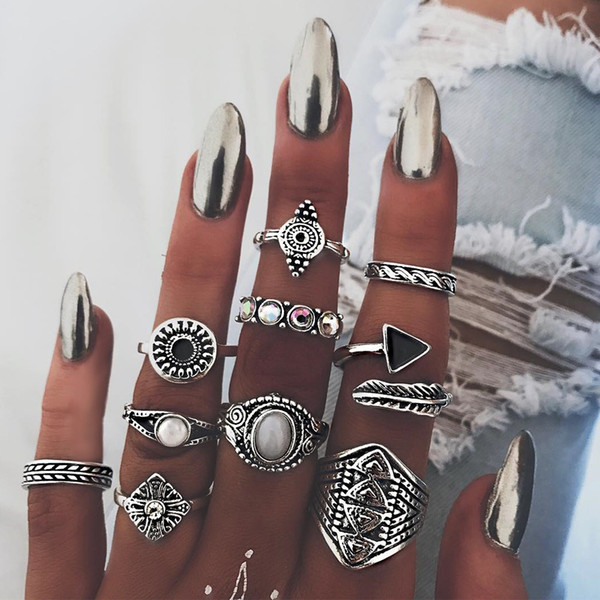 10pcs/set Antique National Ring Set Crystal Ring Flower Triangle Conbination Knuckle Rings Jewelry Set Women Fashion Jewelry Drop Ship