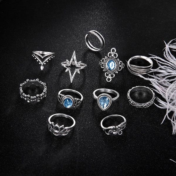 Antique Silver Knuckle Ring Set Crystal Leaf Crown Star Rings Stacking Rings Midi Rings Women Designer Ring Jewelry Will and Sandy 080433