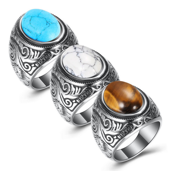 Cluster Rings Jewelry Brand New Fashion Vintage High Quality Turquoise Finger Rings Wholesale Stainless Steel Carved Rings LR044