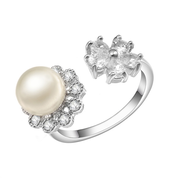 KIVN Fashion Jewelry Elegant engagement rings CZ Cubic Zirconia Open Adjustable Pearl wedding Rings for Women 11OLA4696