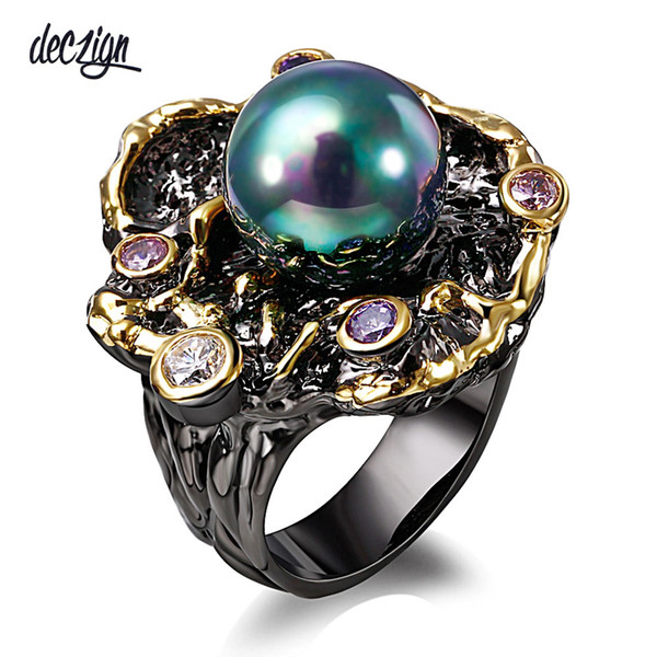 Deczign new Elegant Unique Vintage Rings for Women Purple CZ Bague Black Gold Color Anillos Mujer Created Pearl Wholesales ZR14110