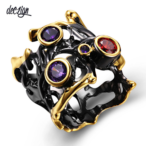 Deczign 2019 new Unique Design Hip Hop Purple Red CZ Gothic Black Gold Hollow Parties Jewelry Vintage Rings for Women R02