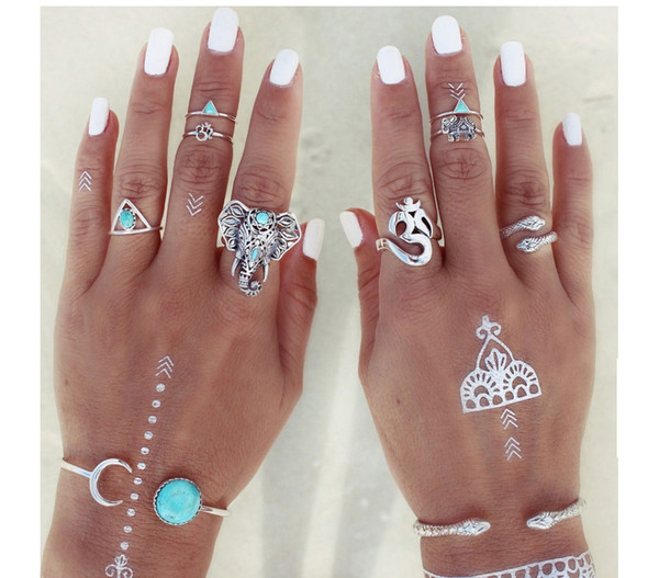 idealway New In 8 Pcs/set Bohemian Style Vintage Silver Plated Elephant sets Triangle Nail Midi Rings