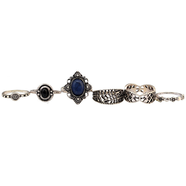6 Pcs/ set Vintage Retro Gold Silver Plated Alloy Inlay Resin Beads Midi Knuckle Finger Rings Set For Women Jewelry