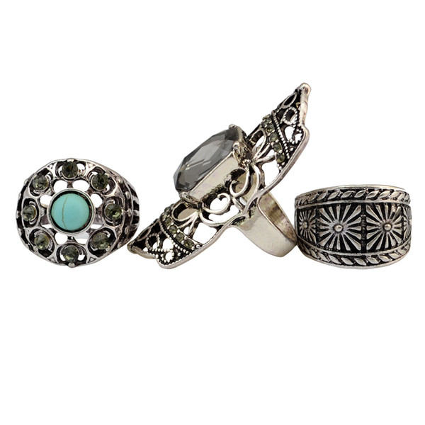 3pcs/set Fashion Vintage Silver Bronze Turquoise Joint Knuckle Nail Crystal Rhinestone Midi Ring Set Jewelry for Women