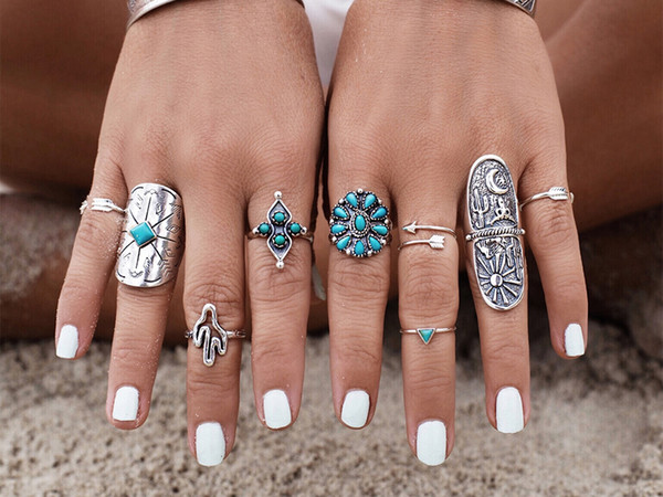 idealway Boho Vintage Gypsy Silver Joint Knuckle Nail Midi Finger Ring Turquoise Ring Set of 9 Rings