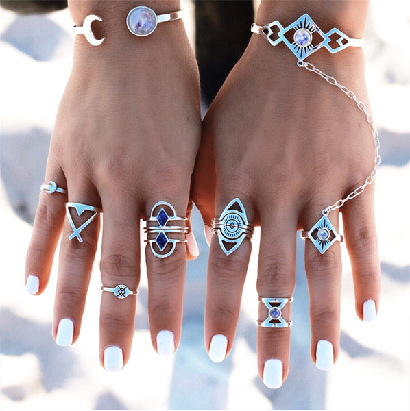 idealway 8 pcs/set New Fashion Gypsy Vintage Style Silver Plated Crystal Knuckle Midi Rings Set