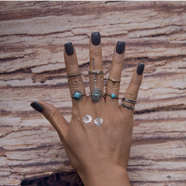idealway 8 Pcs/set New In Fashion Gypsy Vintage Silver Plated Turquoise Finger Ring Kncukle Rings