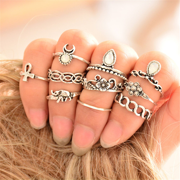 idealway 10Pcs/set Fashion Vintage Rhinestone hollow out Knuckle Nail Midi Ring Set jewelry