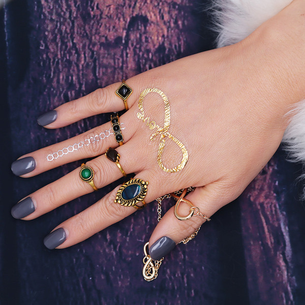 idealway 5pcs/set Bohemian Gold Plated Vintage Ethnic Acrylic Gem Women Knuckle Midi Finger Ring Sets