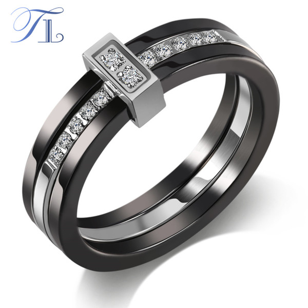 TL Unique Ceramic Rings Black & White Ceramic Layer Mezzanine Cubic Zircon Stainless Steel Rings European Fashion Party Jewelry