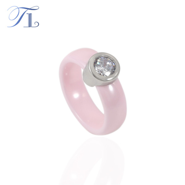 TL New Pink Ceramic Rings For Women Stainless Steel Silver Base Inlaid Huge Zircon Special Engagement Wedding Ring Ceramic Ring