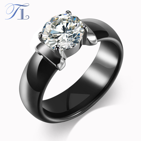 TL New Arrival Ceramic Rings For Women Huge Zircon Cabochon Setting Black&White Ceramic Wedding Rings Cute Simple Unique Design